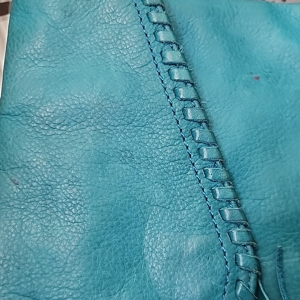 HOBO International Turquoise Leather Crossbody Boho Whipstitch Tassel Bag - Picture 4 of 12